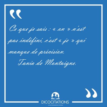 Ce que je sais : � on � n'est pas ind�fini, c'est � je � qui [...] - Tania de Montaigne...