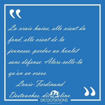 La vraie haine, elle vient du fond, elle vient de la jeunesse, [...] - Louis-Ferdinand Destouches, dit C�line...