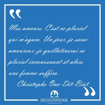 Mes amours. C'est ce pluriel qui m'agace. Un jour, je serai [...] - Christophe Ono-Dit-Biot...